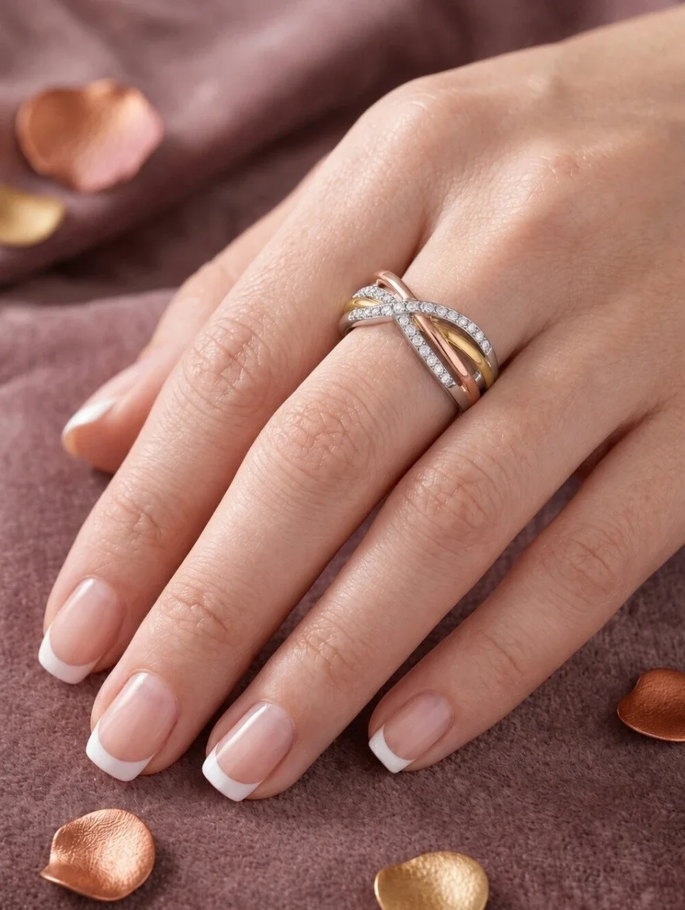 Sterling Silver 925 Tricolor Infinity Crossover CZ Ring Rose Gold Dainty Sz 7